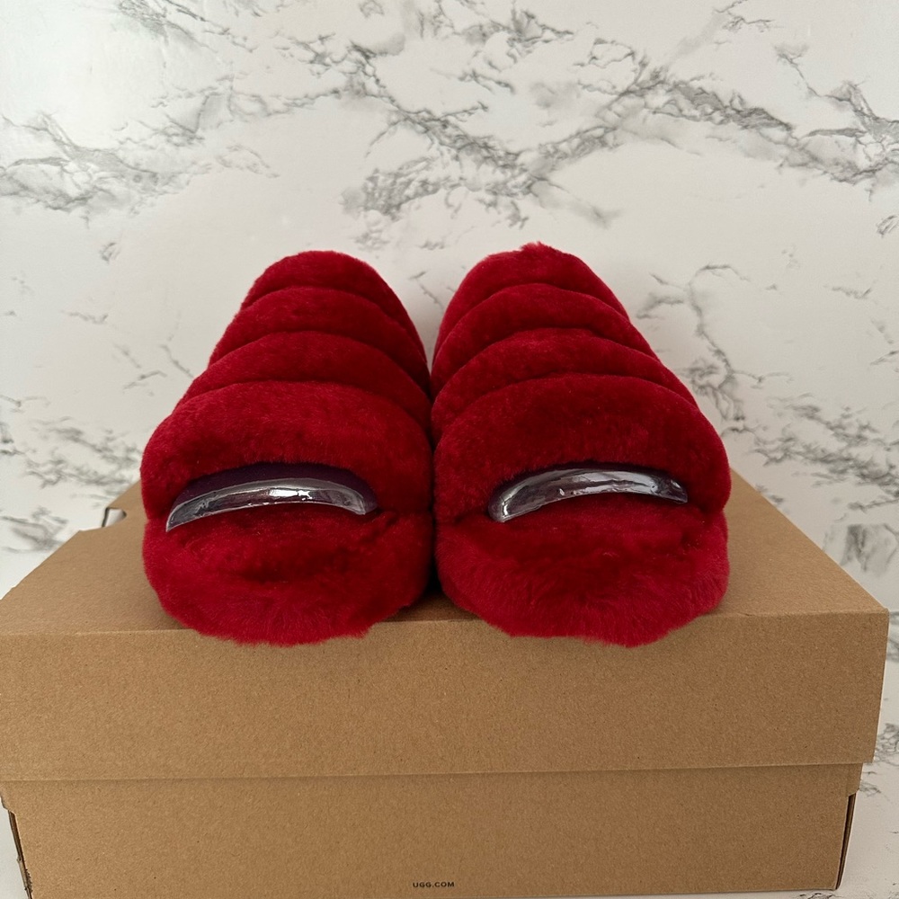 UGG Fluff Yeah Ruby Red Slide Slippers Shoes - Picture 3 of 9
